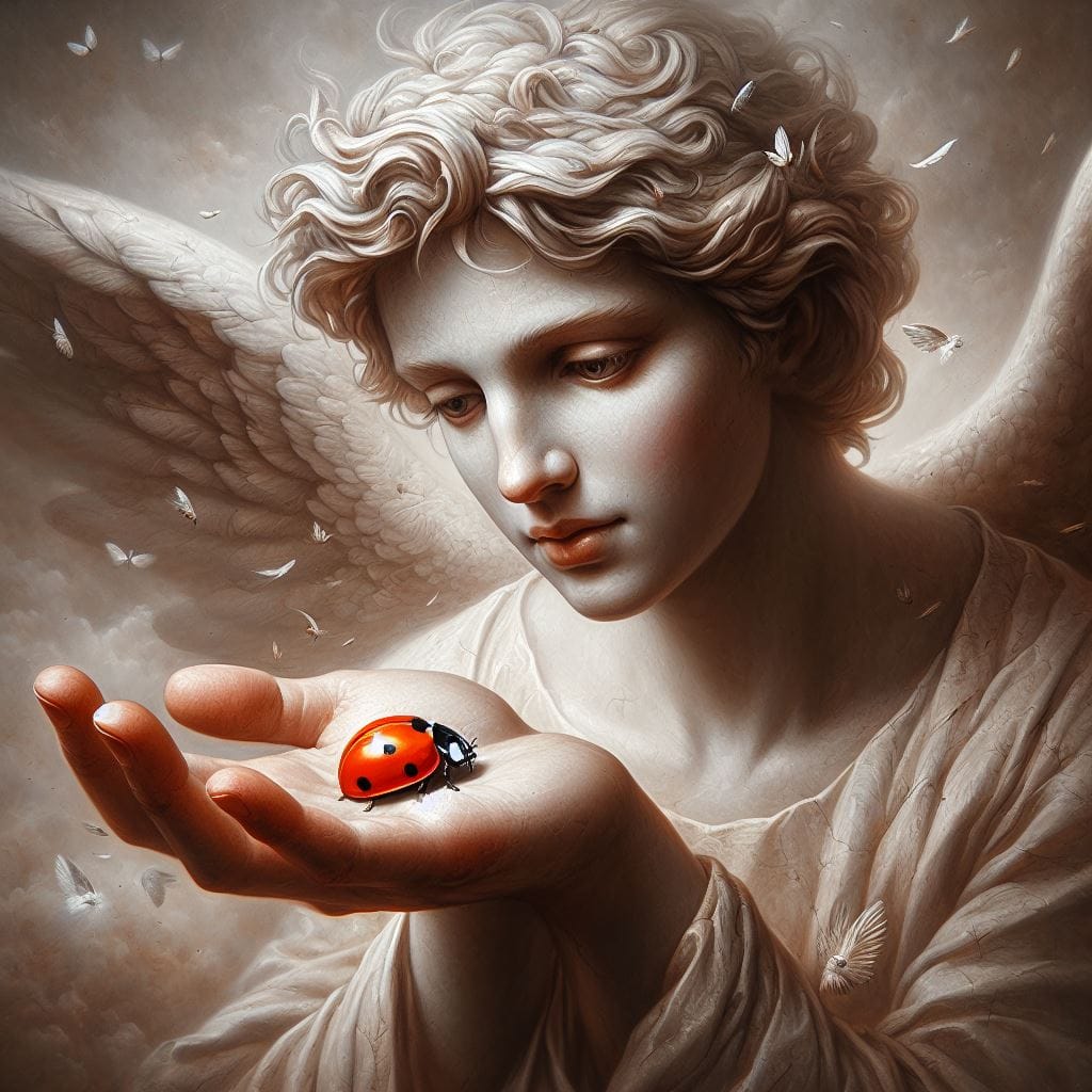 An angel holds a ladybug in his open hand, looks at it with love, surrounded by glowing feathers