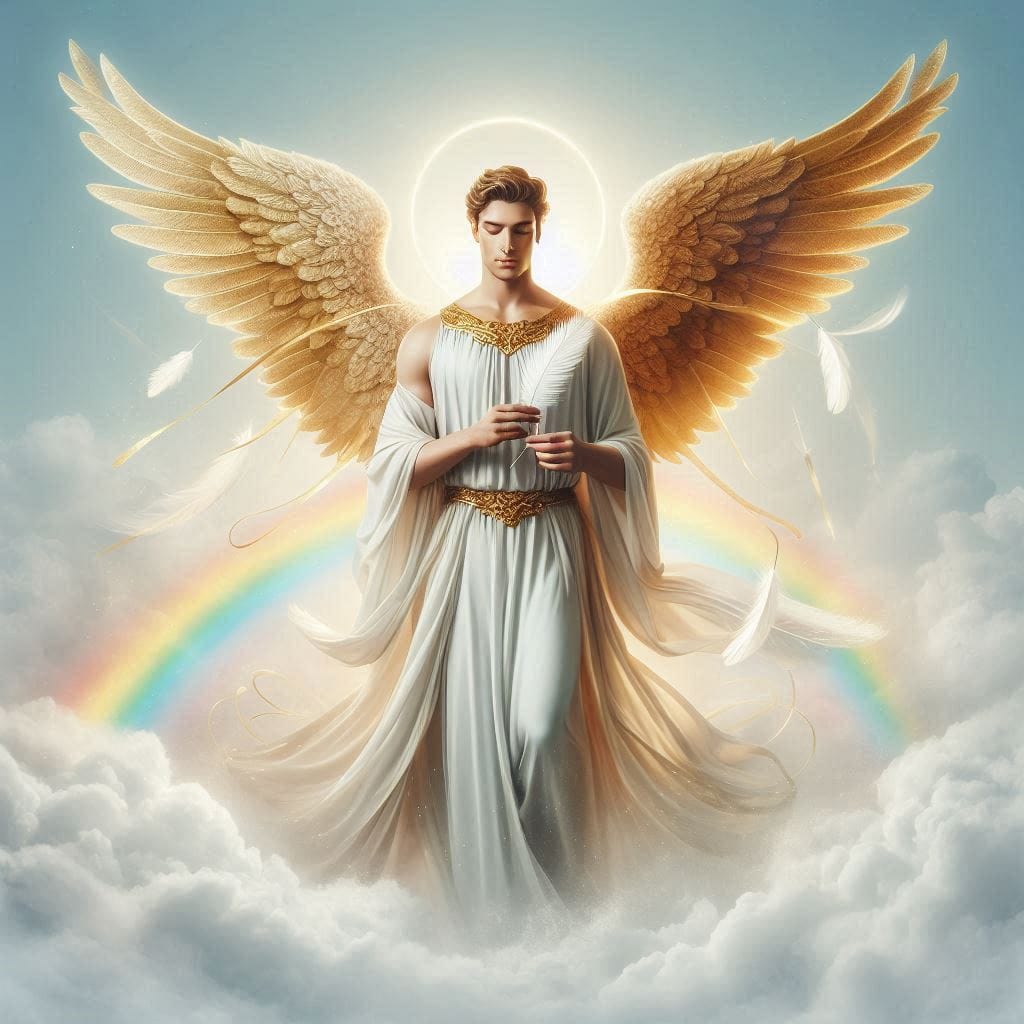 A young male angel standing, with golden wings, surrounded by clouds and rainbow, holding a feather in his hands